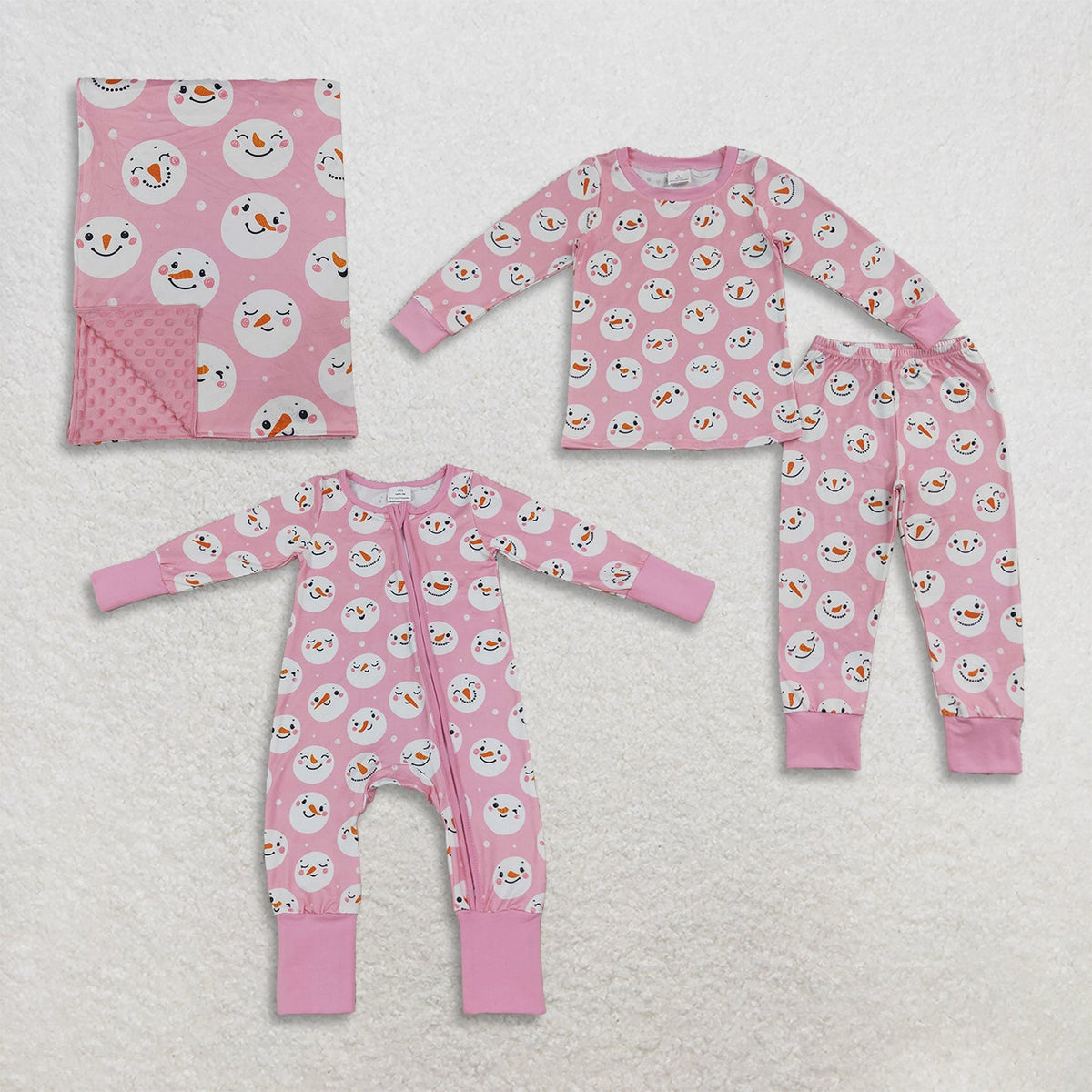 Sibling Baby Girls Pink Snowmen Christmas Pajamas Sets Zip Romper Blanked