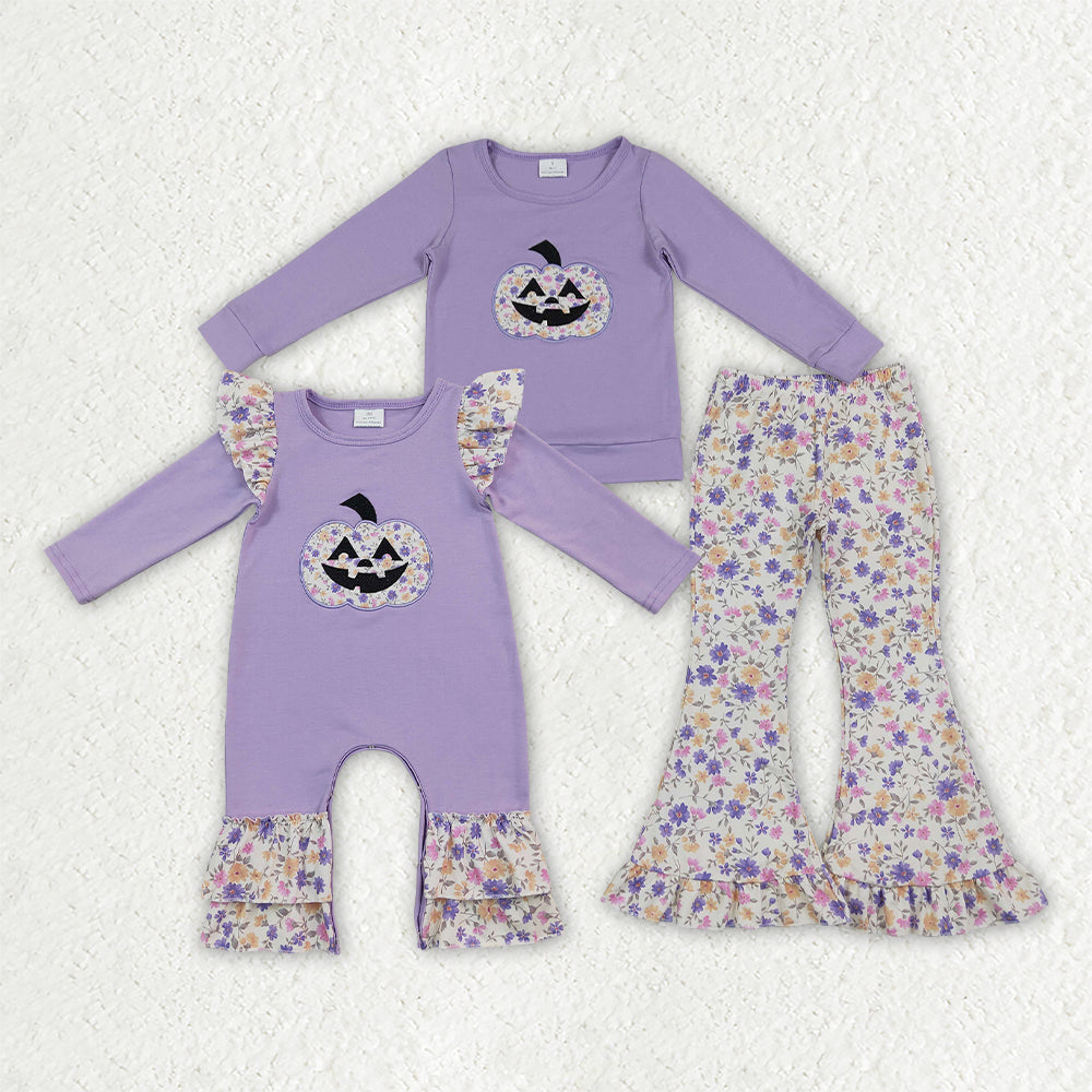 Sibling Baby Girls Embroidery Flowers Ghost Pumpkin Halloween Clothes Set Rompers