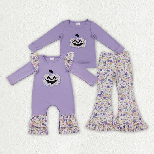 Sibling Baby Girls Embroidery Flowers Ghost Pumpkin Halloween Clothes Set Rompers