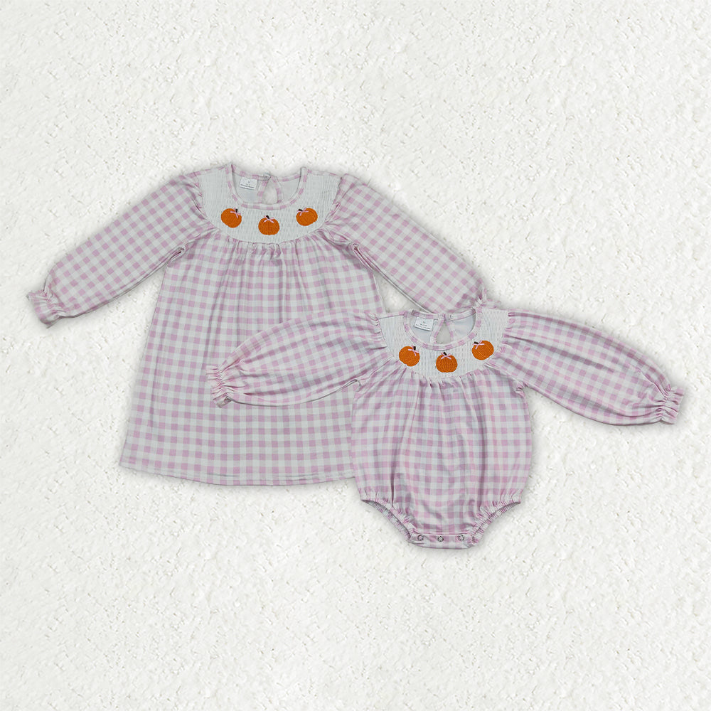 Sibling Smocked Bows Pumpkins Pink Checked Fall Knee Length Dress Ruffle Rompers