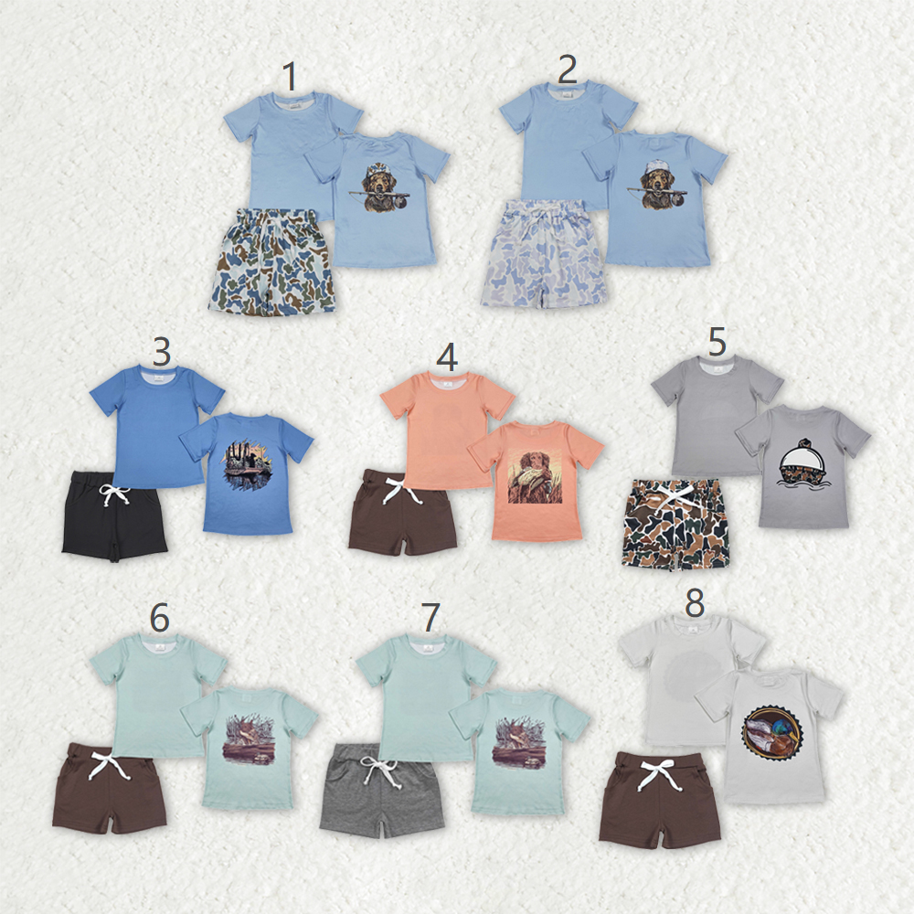 Sibling Baby Boys Short Sleeve Back Ducks Dogs Fishing Top Pockets Shorts Hunting Clothes Sets