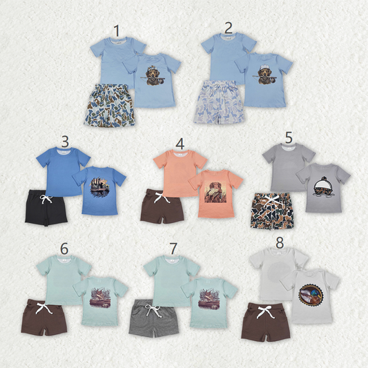 Sibling Baby Boys Short Sleeve Back Ducks Dogs Fishing Top Pockets Shorts Hunting Clothes Sets