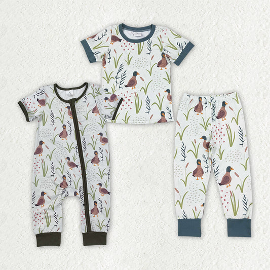 Sibling Baby Girls Short Sleeves Ducks Top Pant Hunting Pajamas Set Zip Rompers