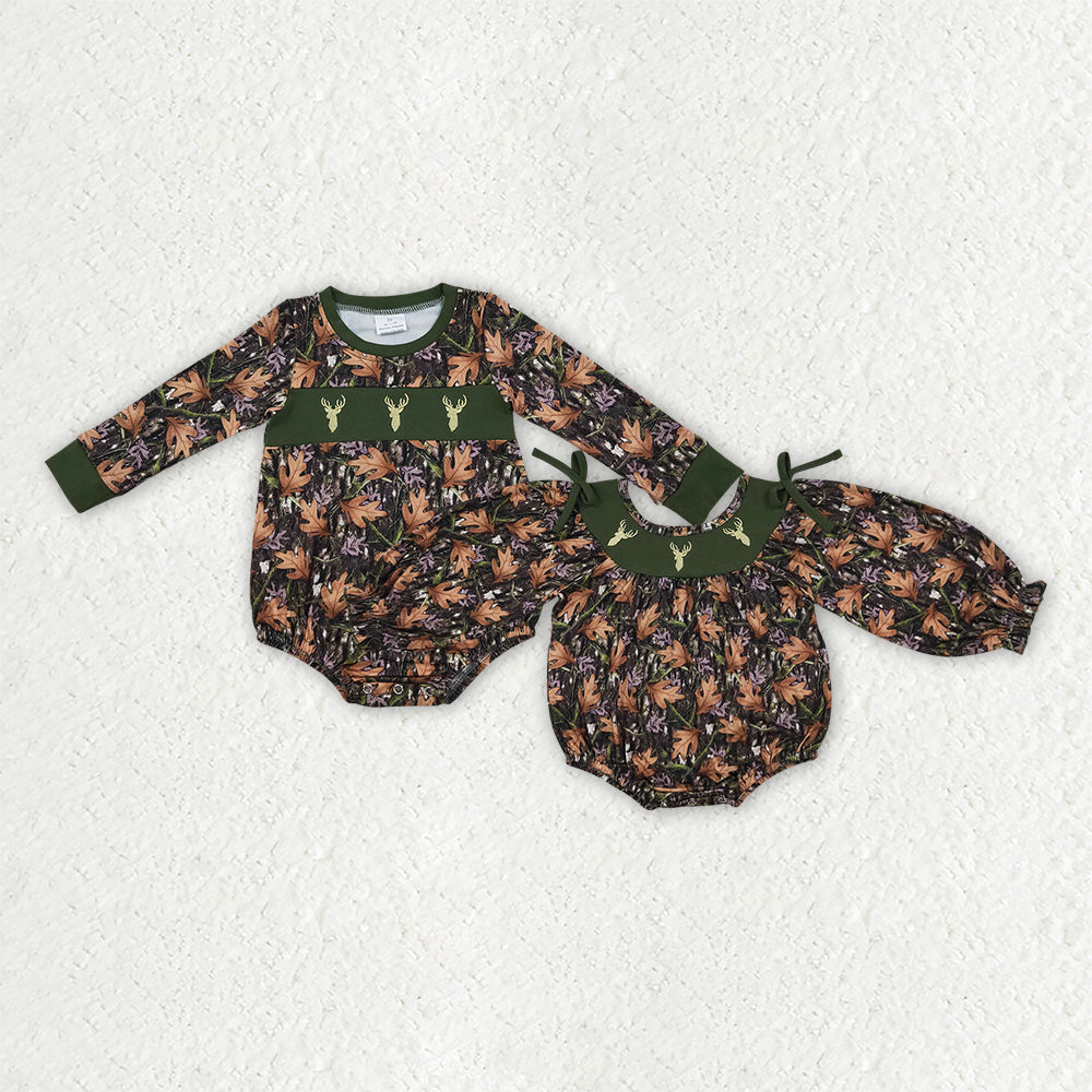 Sibling Baby Kids Long Sleeve Green Leaves Camo Deer Hunting Rompers