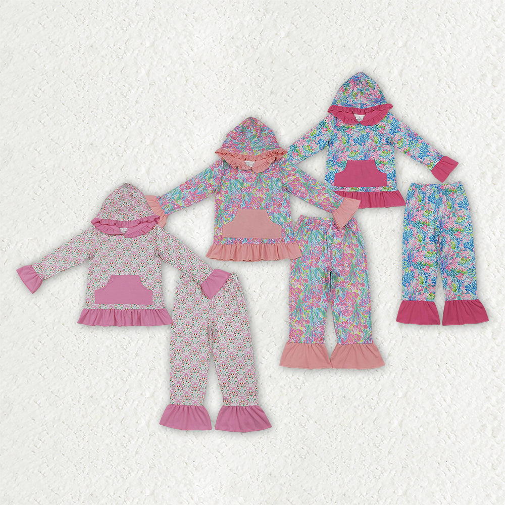 Siblings Baby Girls Colorful Flowers Pockets Ruffle Hoodie Pant Fall Clothes Sets