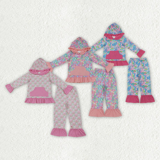 Siblings Baby Girls Colorful Flowers Pockets Ruffle Hoodie Pant Fall Clothes Sets