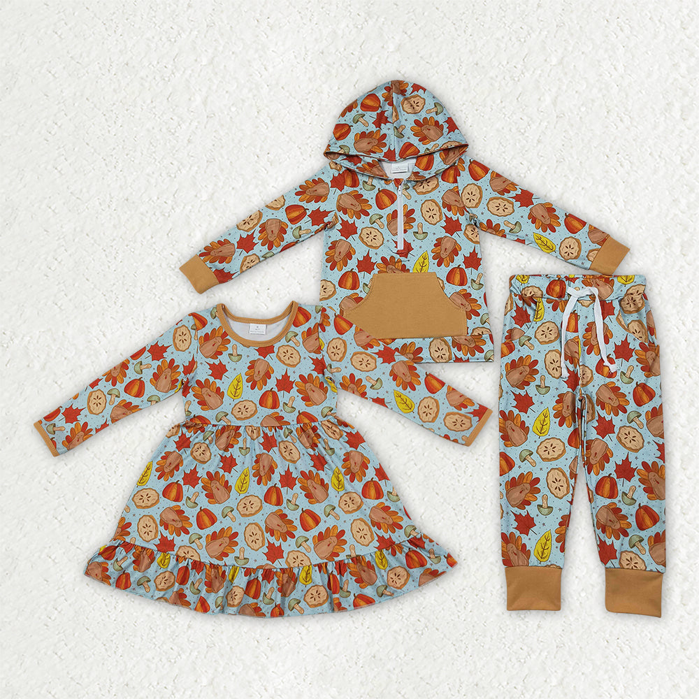 Sibling Baby Kids Turkey Pumpkins Leaves Hoodie Jogger Fall Clothes Set Ruffle Dress