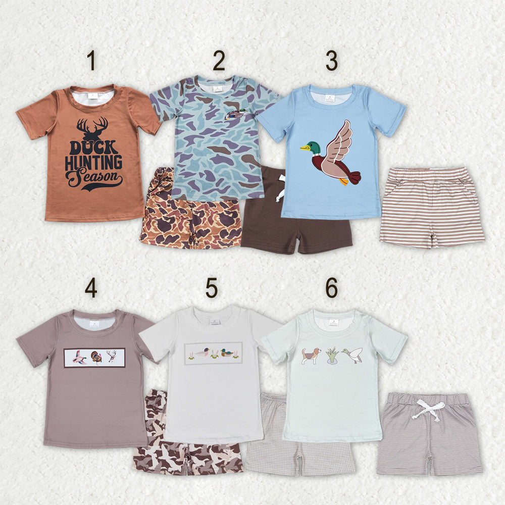 Sibling Baby Boys Short Sleeve Ducks Deer Top Pockets Short Hunting Clothes Sets