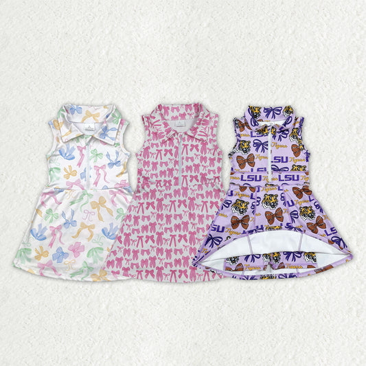 Sibling Baby Girls Colorful Bows Back Zip Yoga Active Short Knee Length Dresses