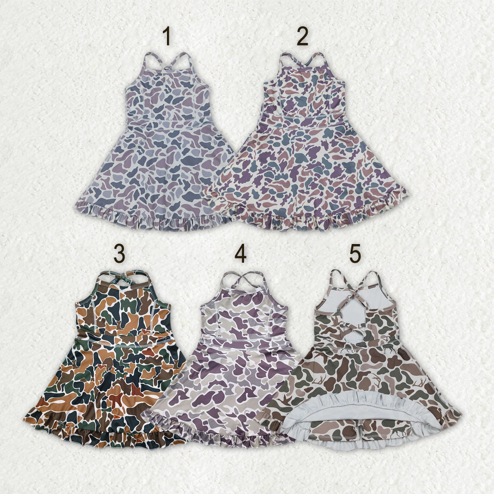 Sibling 6 colors Baby Girls Strap Camo Yoga Ruffle Knee Length Dresses