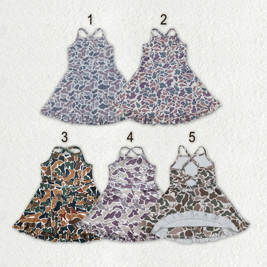 Sibling 6 colors Baby Girls Strap Camo Yoga Ruffle Knee Length Dresses