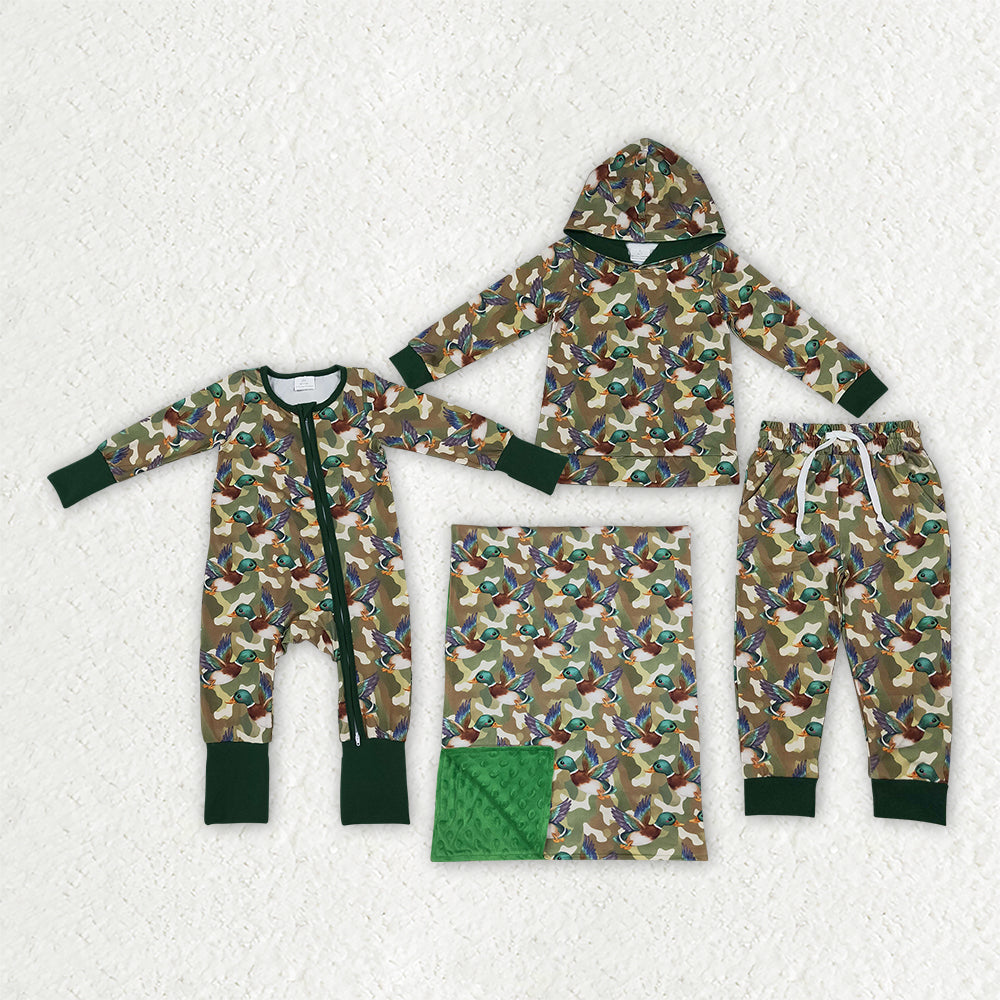 Sibling Baby Boys Green Camo Ducks Hoodie Jogger Hunting Sets Zip Romper Blanked