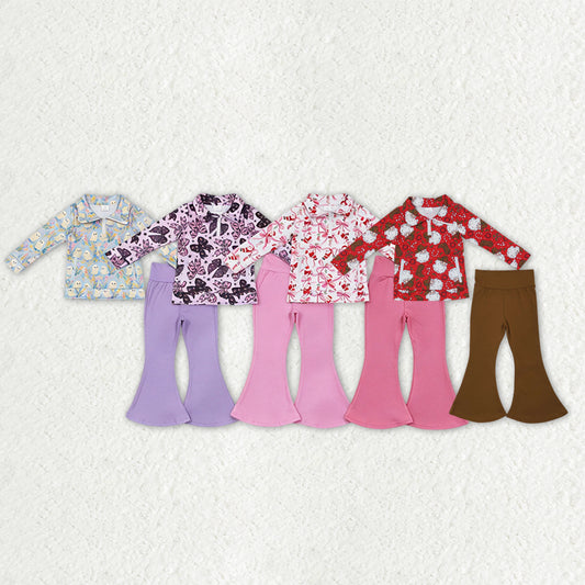 Sibling Baby Girls Bows Ghosts Santa Zip Pullovers Bell Bottom Halloween Christmas Sets