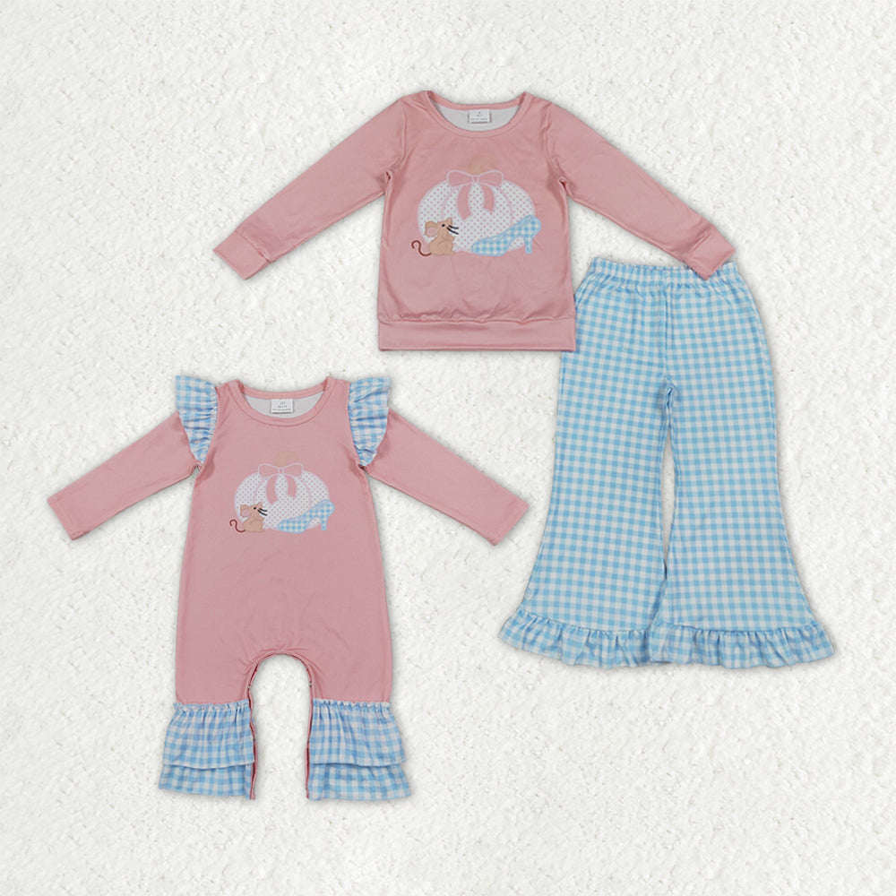 Sibling Baby Girls Long Sleeve Mouses Pumpkins Ruffle Flare Clothes Set Pant Rompers