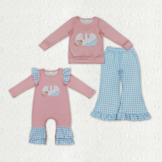 Sibling Baby Girls Long Sleeve Mouses Pumpkins Ruffle Flare Clothes Set Pant Rompers