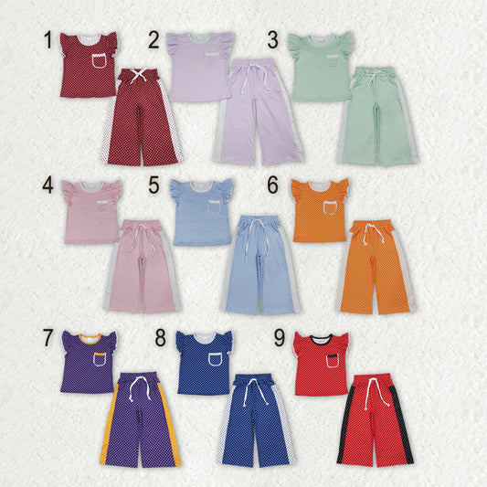 Sibling Baby Girls Flutter Sleeve Polka Dots Top Pockets Flare Pants Clothes Sets