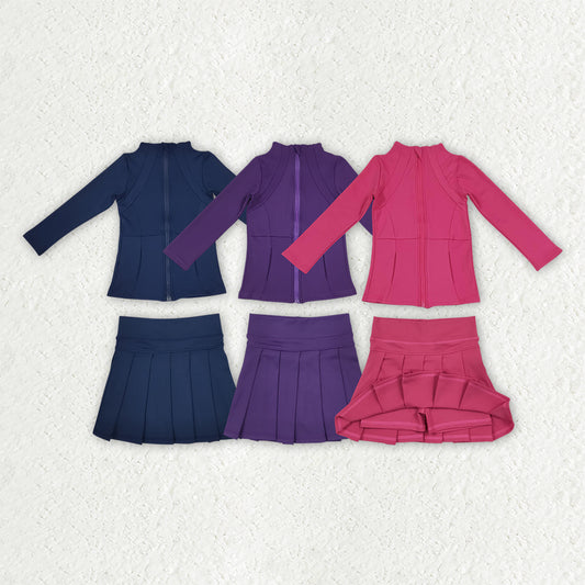 Sibling Baby Girls Long Sleeve Zip Pockets Tops Pleated Skorts Yoga Active Clothes Sets