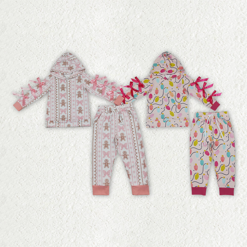 Sibling Baby Girls Bows Sleeves Gingerbread Lights Hoodie Pockets Jogger Christmas Sets