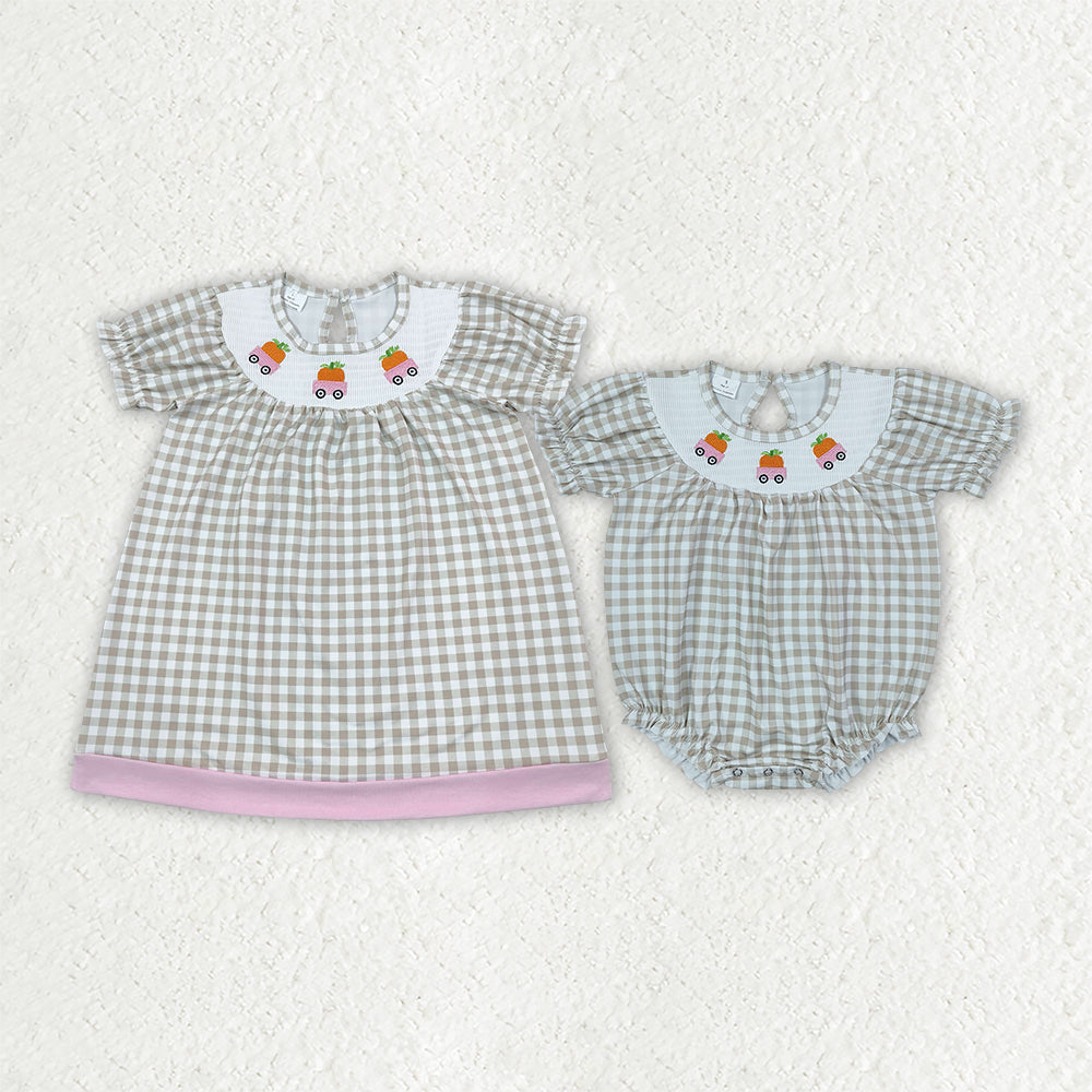 Sibling Baby Girls Smocked Pumpkin Trucks Khaki Checked Dress Rompers