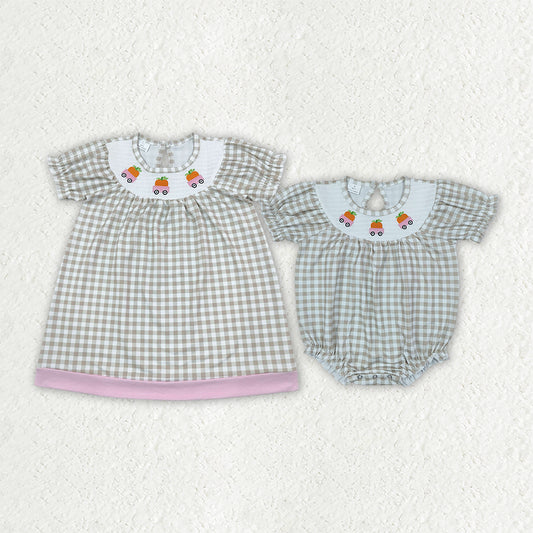 Sibling Baby Girls Smocked Pumpkin Trucks Khaki Checked Fall Dress Rompers