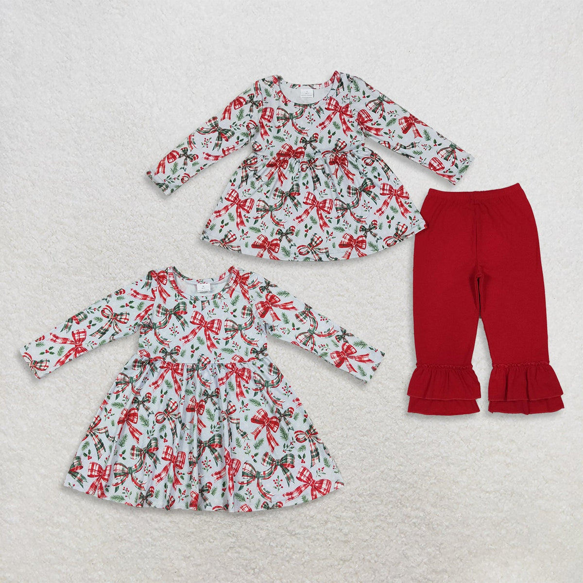Sibling Baby Girls Green Red Checked Bows Holly Tunic Ruffle Christmas Clothes Set Dresses