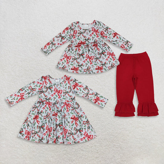 Sibling Baby Girls Green Red Checked Bows Holly Tunic Ruffle Christmas Clothes Set Dresses