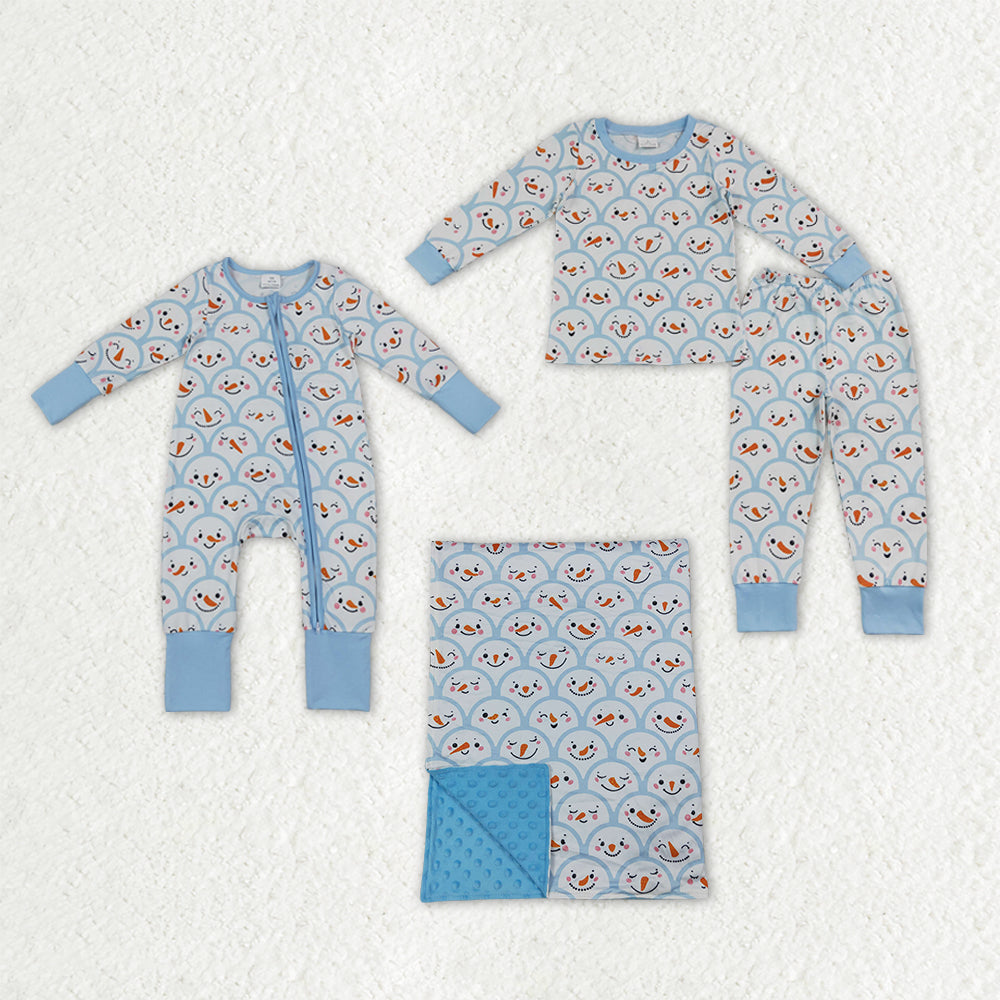 Sibling Baby Boys Blue Snowmen Christmas Pajamas Sets Zip Romper Blanked