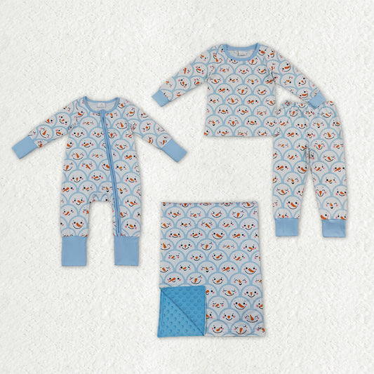 Sibling Baby Boys Blue Snowmen Christmas Pajamas Sets Zip Romper Blanked