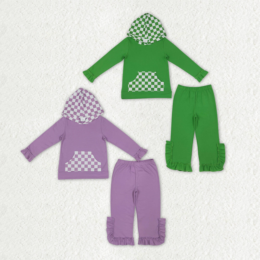 Sibling Baby Girls Long Sleeve Checked Pocket Hoodie Ruffle Pant Cotton Clothes Sets