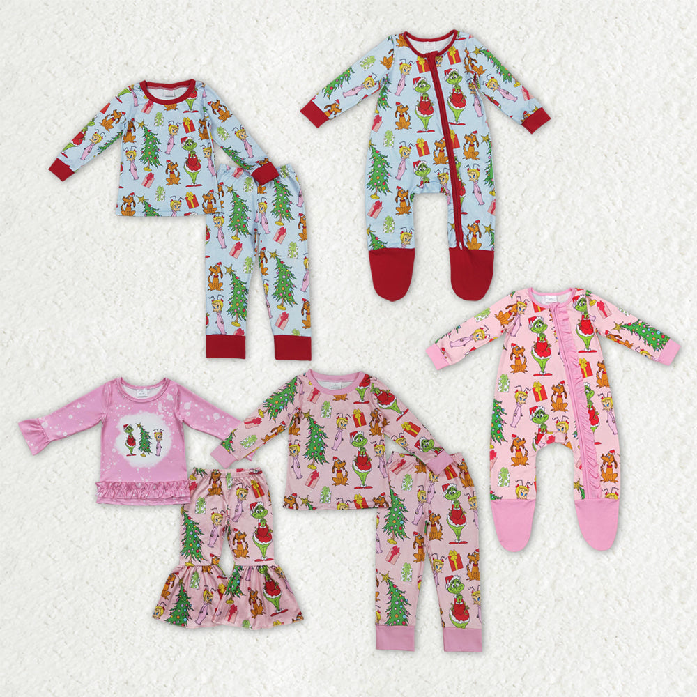 Sibling Baby Kids Green Frogs Trees Christmas Pajamas Clothes Set Zip Rompers