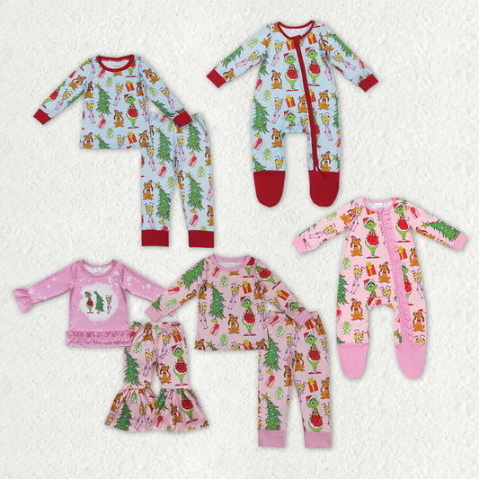 Sibling Baby Kids Green Frogs Trees Christmas Pajamas Clothes Set Zip Rompers