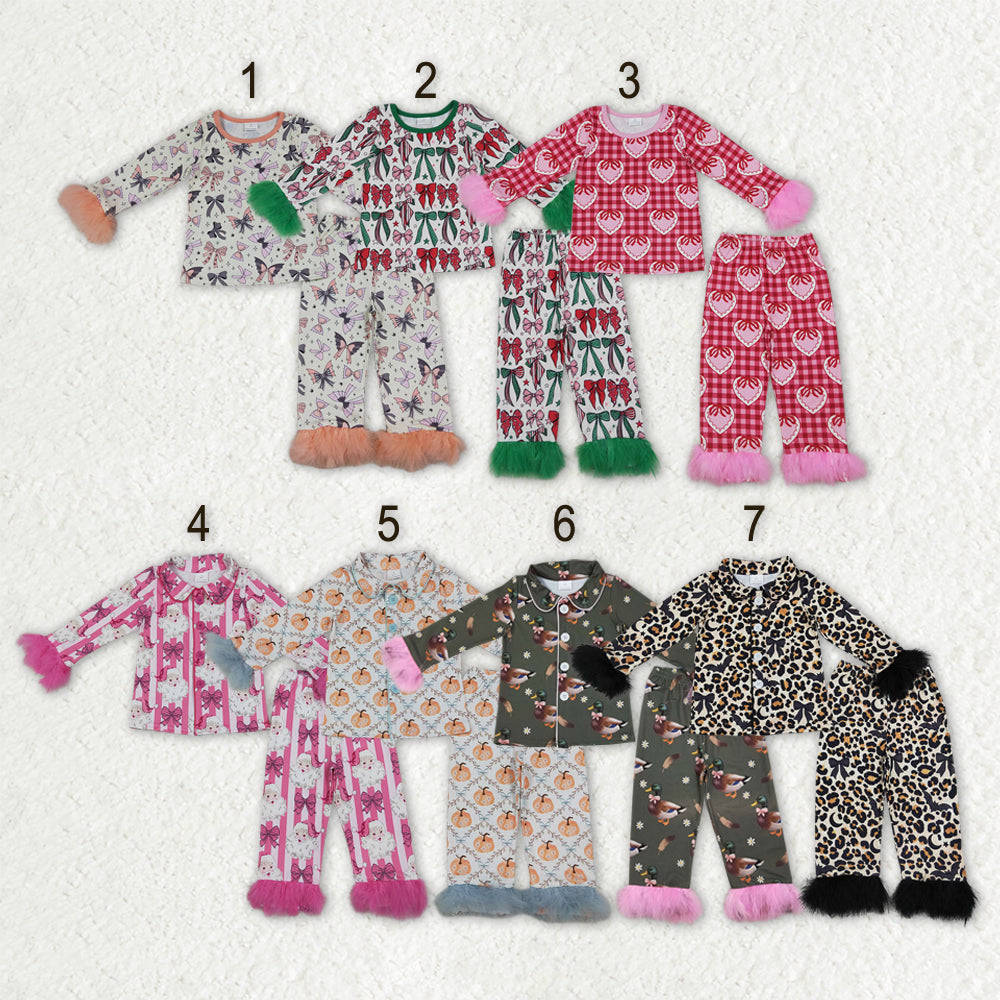Sibling Baby Girls Bows Pumpkins Button Top Pants Fall Winter Fur Sleeves Pajamas Sets