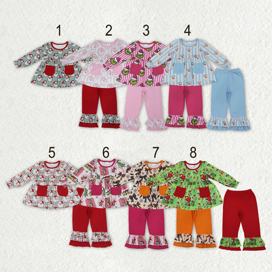 Sibling Baby Girls Santa Pockets Tunic Ruffle Pants Christmas Clothes Sets