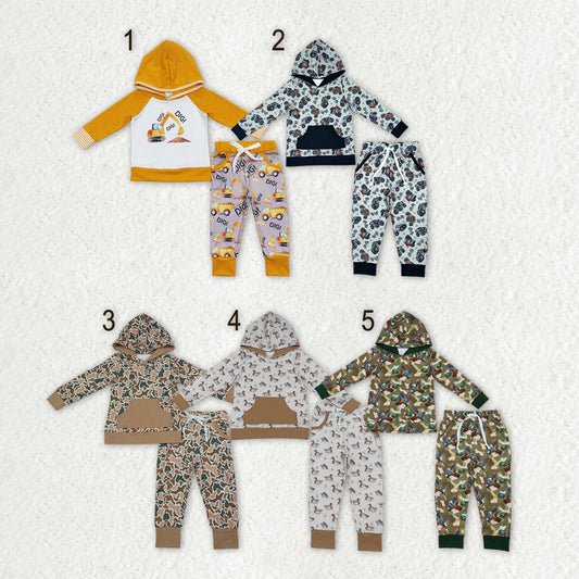 Sibling Baby Boys Excavators Motors Ducks Camo  Hoodie Pockets Joggers Clothes Sets
