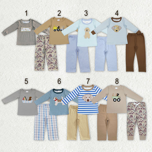 Sibling Baby Boys Long Sleeve Embroidery Dogs Ducks Fishing Pants Hunting Clothes Sets