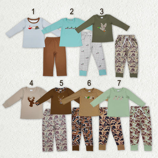 Sibling Baby Boys Long Sleeve Embroidery Deer Ducks Fishing Pants Hunting Clothes Sets