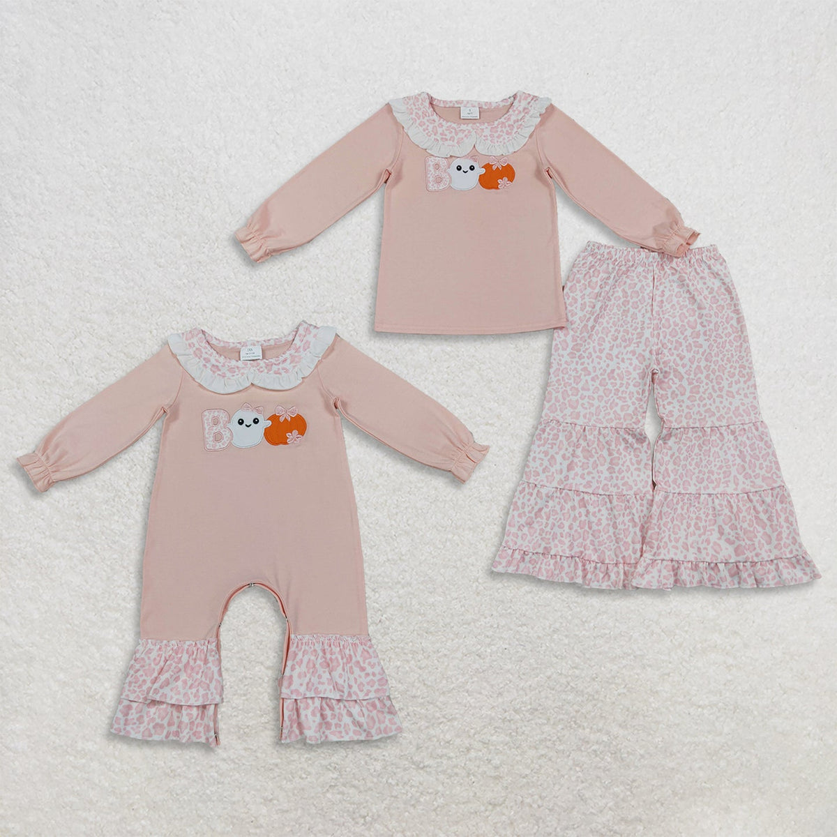 Sibling Baby Girls Embroidery Ghost Pumpkins BOO Flare Pant Halloween Set Pant Rompers