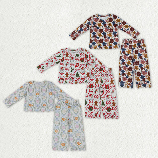 Sibling Baby Girls Pumpkins Flowers Holly Top Pants Fall Christmas Scallop Clothes Sets