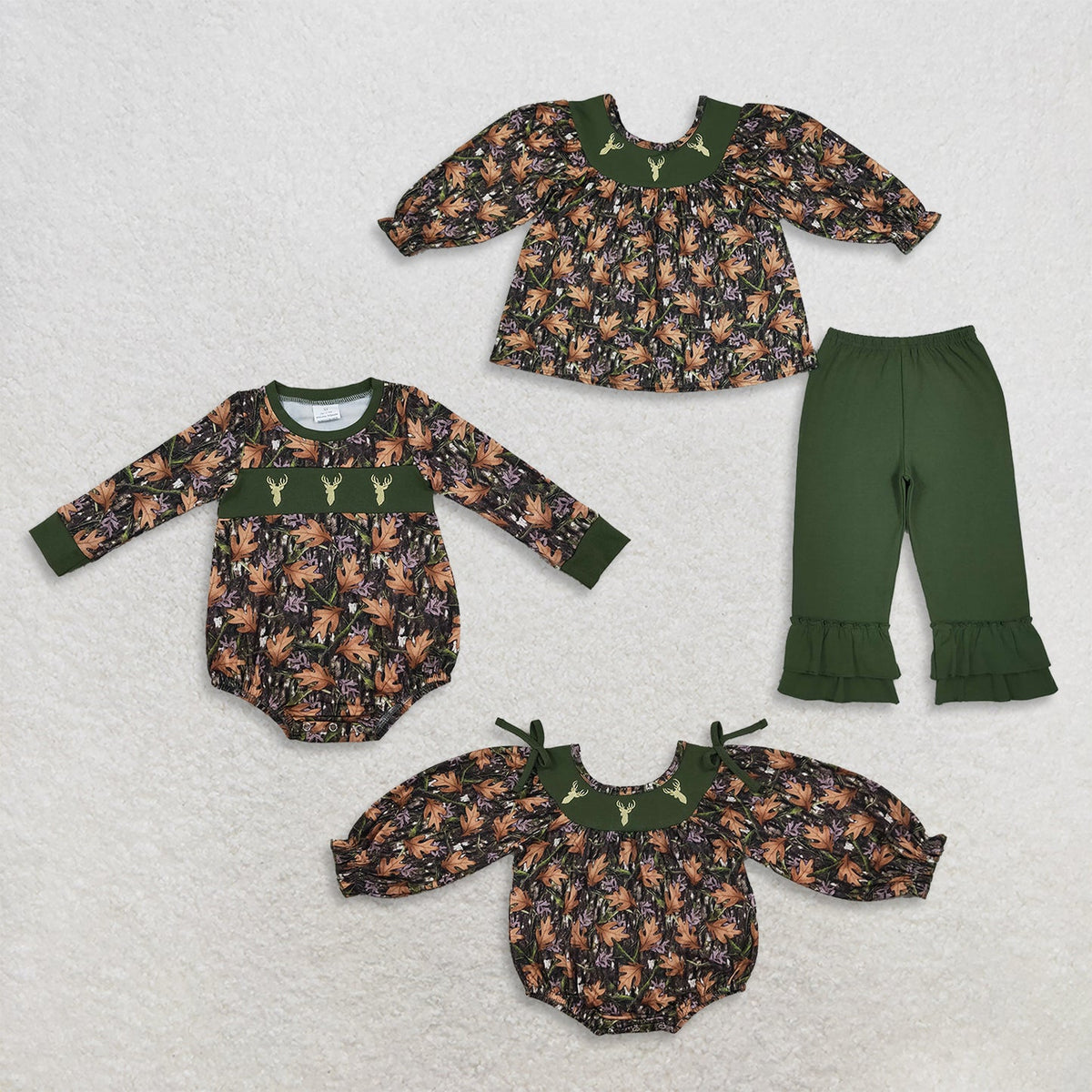 Sibling Baby Kids Embroidery Deer Leaves Camo Hunting Clothes Set Rompers