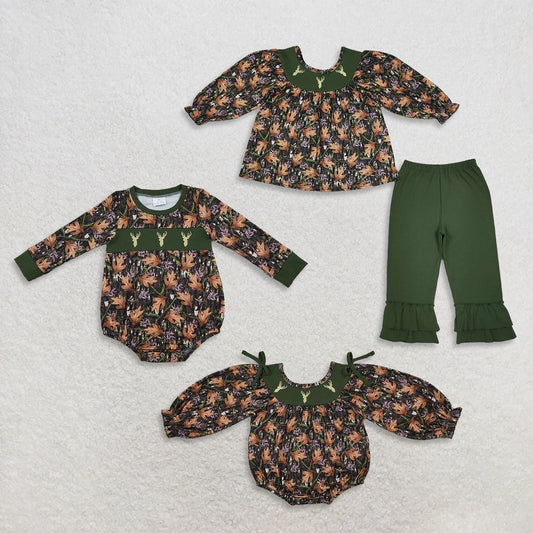 Sibling Baby Kids Embroidery Deer Leaves Camo Hunting Clothes Set Rompers