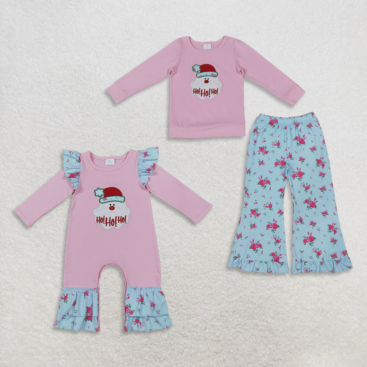 Sibling Baby Girls Embroidery Santa HO HO HO Flare Pant Christmas Set Pant Rompers