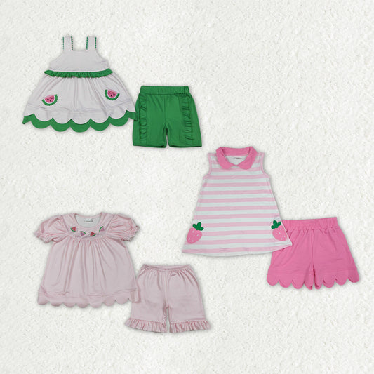 Sibling Baby Girls Embroidery Watermelons Strawberry Tunic Short Scallop Clothes Sets