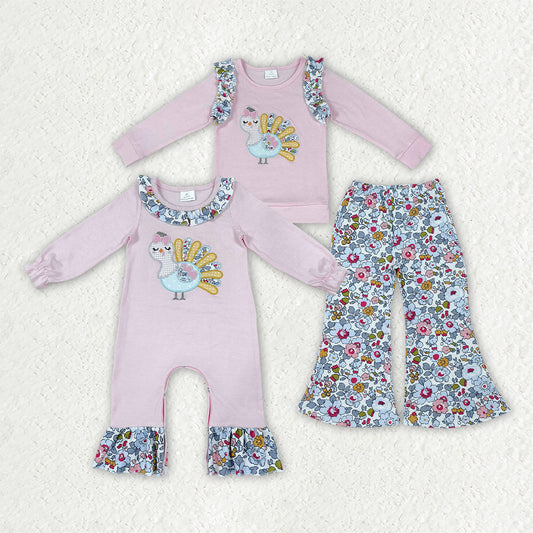 Sibling Baby Girls Embroidery Flowers Turkey Flare Pant Thanksgiving Set Pant Rompers