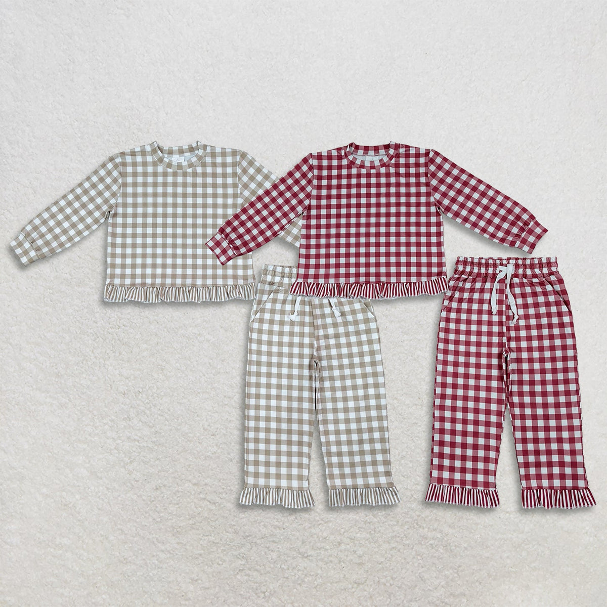 Sibling Baby Girls Long Sleeve Checked Shirt Top Pockets Pant Clothes Sets