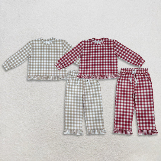 Sibling Baby Girls Long Sleeve Checked Shirt Top Pockets Pant Clothes Sets