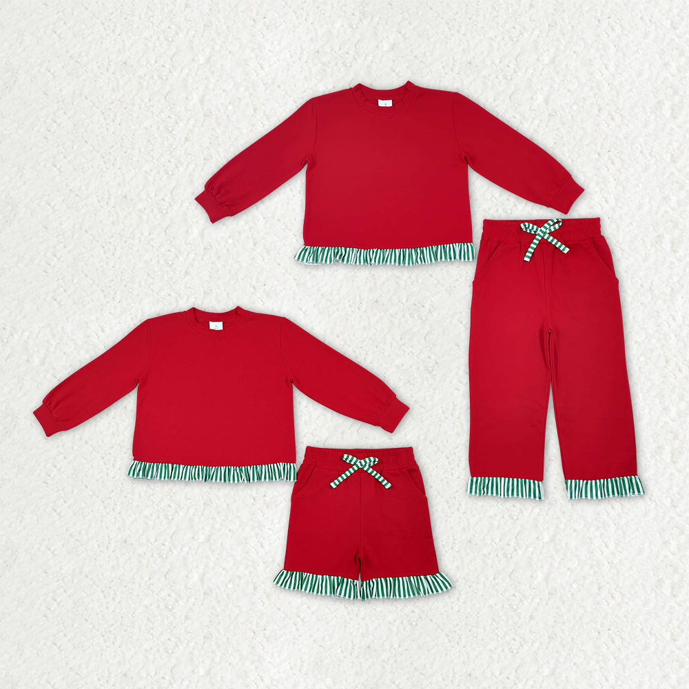 Sibling Baby Girls Long Sleeve Red Green Stripe Top Pockets Short Pant Clothes Sets