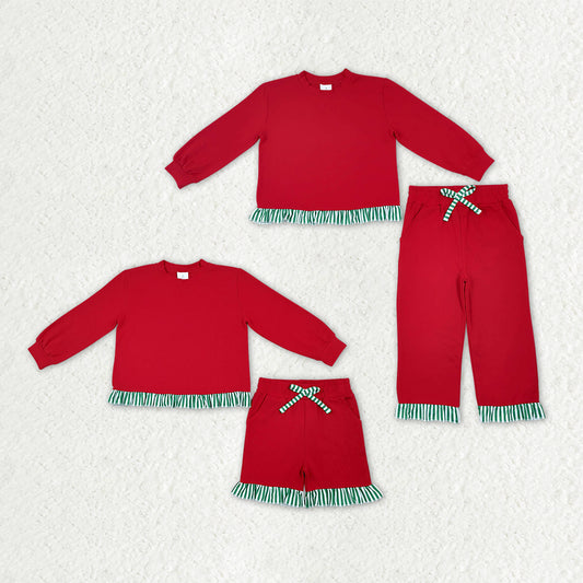 Sibling Baby Girls Long Sleeve Red Green Stripe Top Pockets Short Pant Clothes Sets