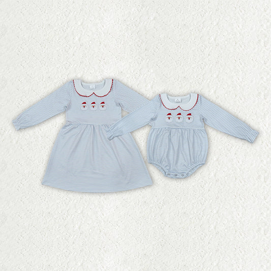 Sibling Baby Girls Embroidery Santa Blue Stripe Christmas Knee Length Dress Rompers