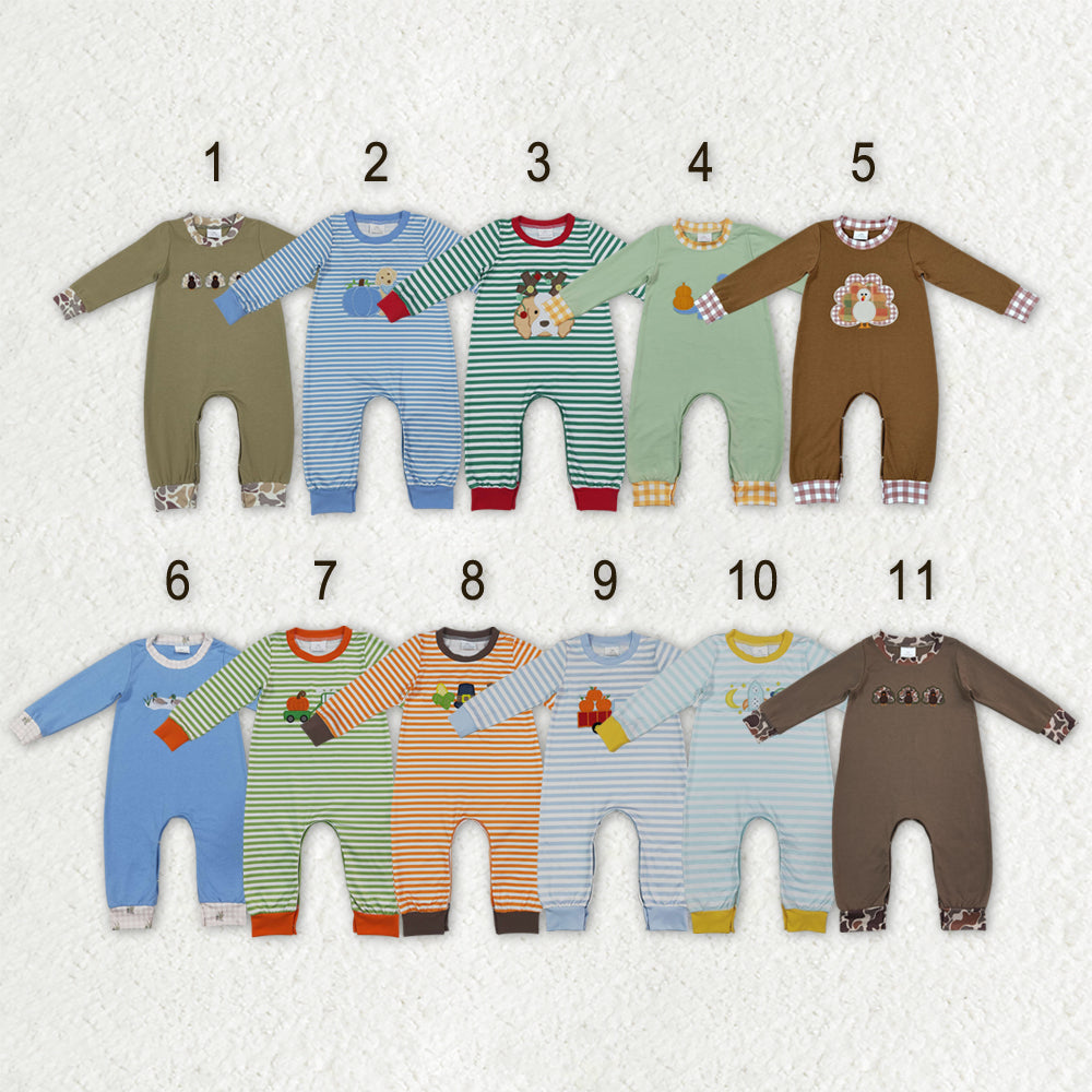 Sibling Baby Boys Long Sleeves Embroidery Turkey Pumpkins Deer Fall Pant Rompers
