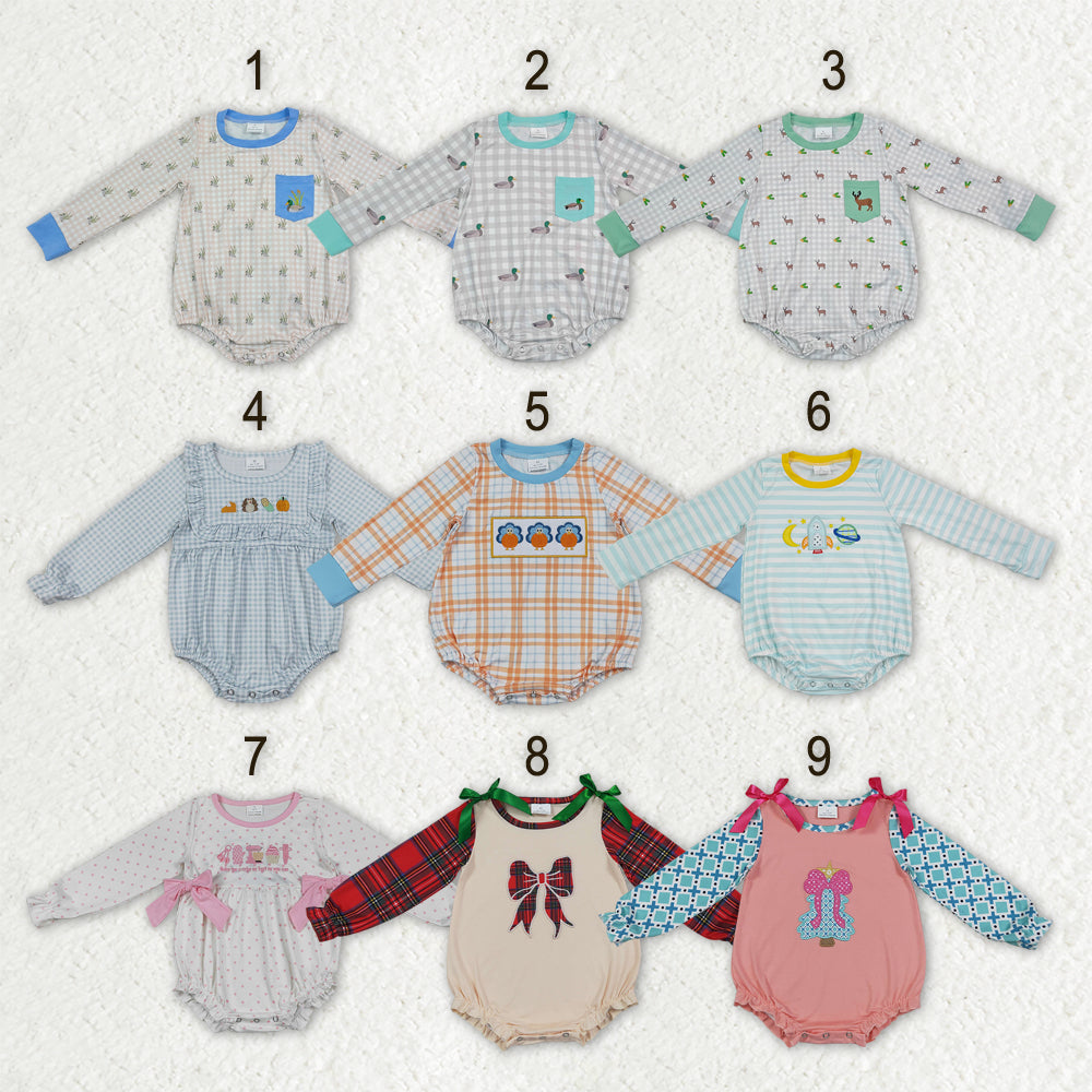 Sibling Baby Boys Girls Long Sleeves Embroidery Ducks Turkey Bows Fall Rompers